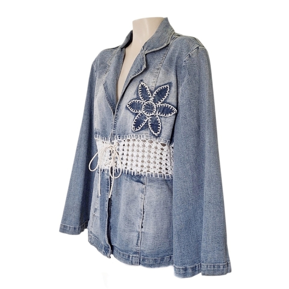 Crest Jeans Boho Denim Jacket Crochet Waist Lace-Up Flower Detail 1XL - Picture 2 of 7